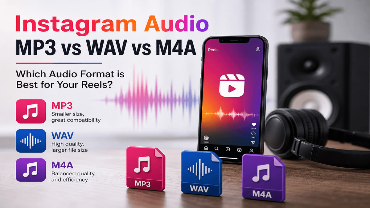 Comparison graphic of MP3, WAV, and M4A audio formats for downloaded Instagram audio