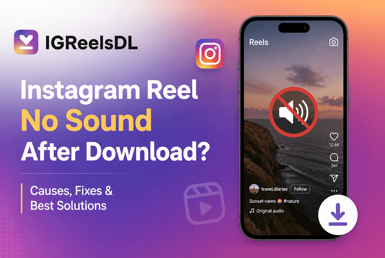 A downloaded Instagram Reel video file with a muted speaker icon indicating missing audio